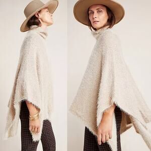 Anthropologie Akemi + Kin Eyelash Poncho OS Cream Gold Metallic Turtleneck